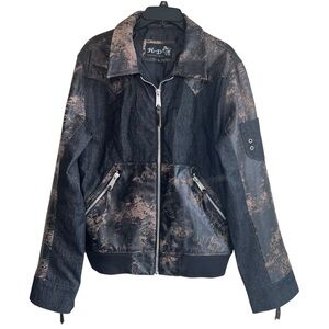 H &D Classic Collection Unisex XL Leather Bomber Jacket Black Acid Washed Denim
